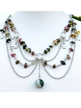 Necklace Layered Natural Crystal Stones Boho Silver Healing Stars Trendy Stylish